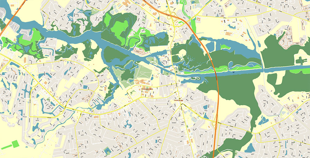 East part of Virginia State USA Vector Map Exact High Detailed Street Map editable Adobe Illustrator in layers