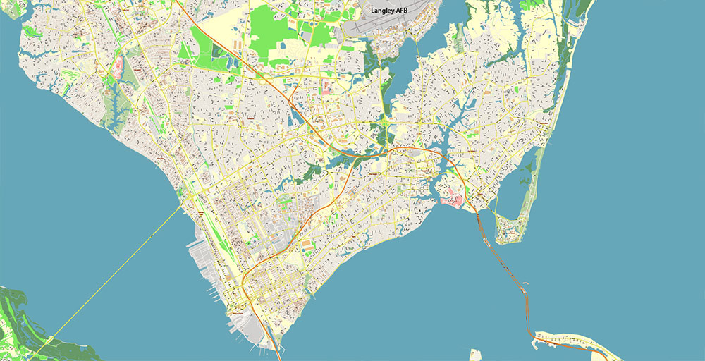 East part of Virginia State USA Vector Map Exact High Detailed Street Map editable Adobe Illustrator in layers
