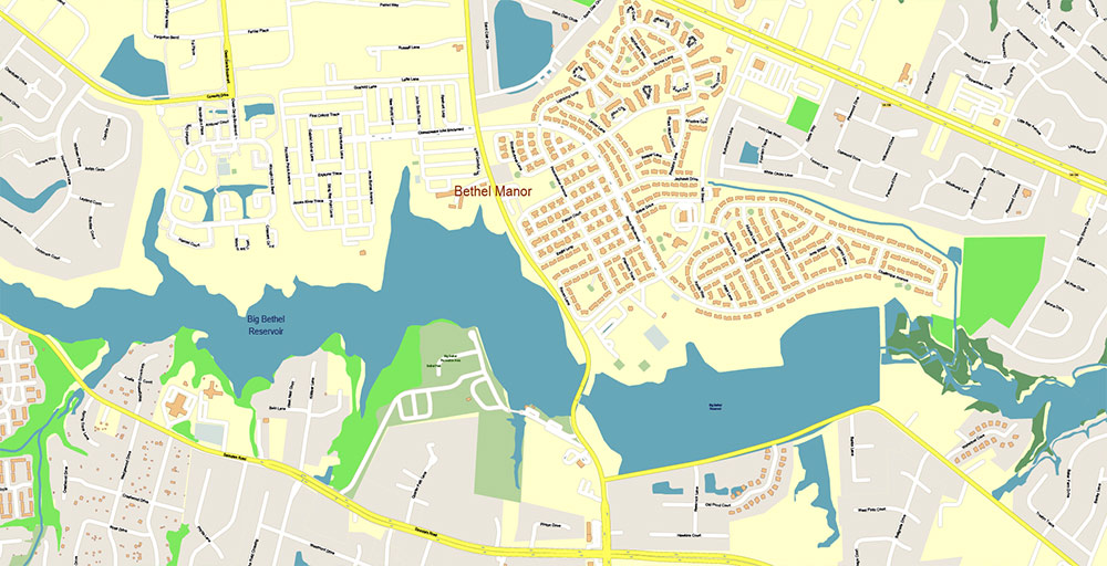 East part of Virginia State USA Vector Map Exact High Detailed Street Map editable Adobe Illustrator in layers