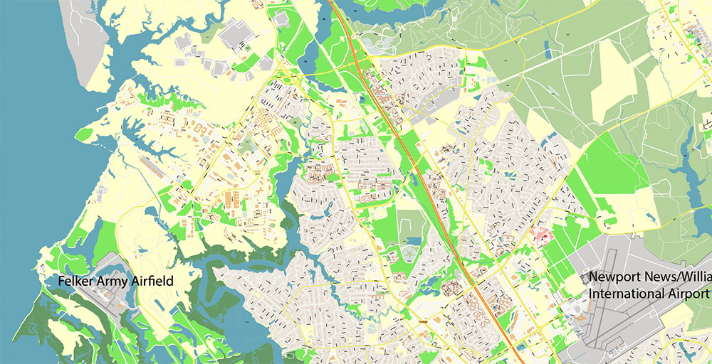 East part of Virginia State USA Vector Map Exact High Detailed Street Map editable Adobe Illustrator in layers