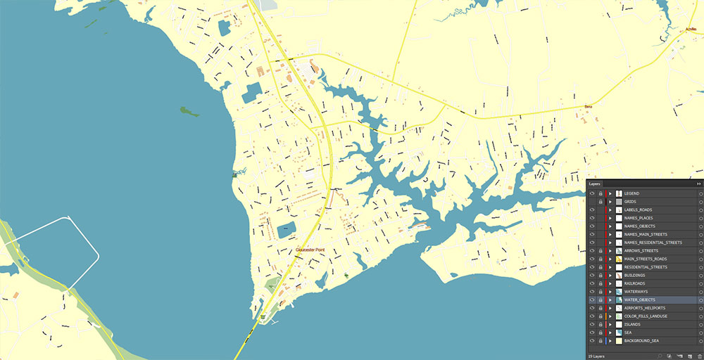 East part of Virginia State USA Vector Map Exact High Detailed Street Map editable Adobe Illustrator in layers
