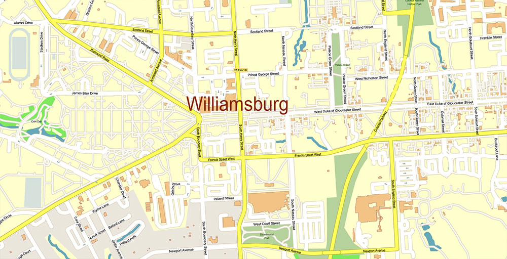 East part of Virginia State USA Vector Map Exact High Detailed Street Map editable Adobe Illustrator in layers