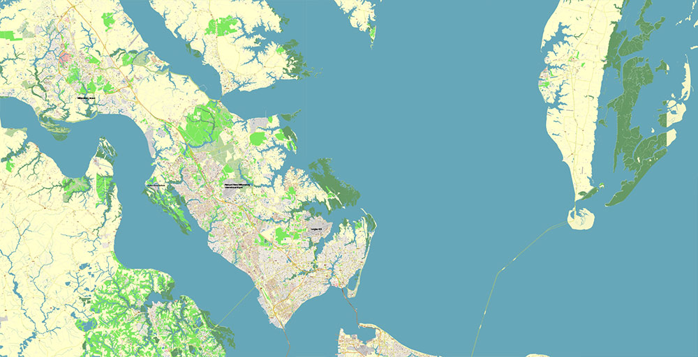 East part of Virginia State USA Vector Map Exact High Detailed Street Map editable Adobe Illustrator in layers
