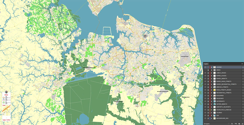 East part of Virginia State USA Vector Map Exact High Detailed Street Map editable Adobe Illustrator in layers