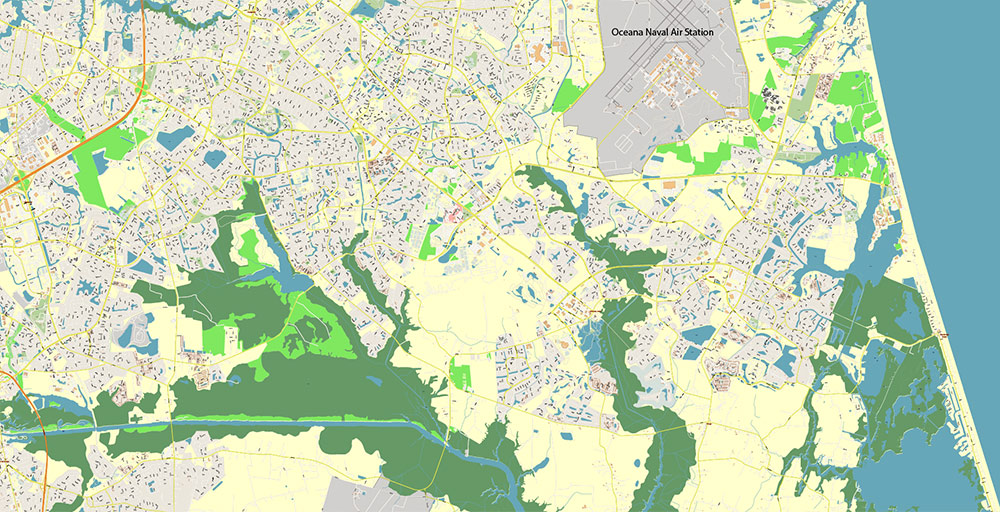 East part of Virginia State USA Vector Map Exact High Detailed Street Map editable Adobe Illustrator in layers