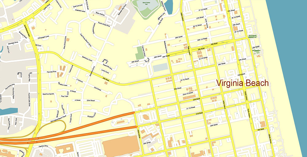East part of Virginia State USA Vector Map Exact High Detailed Street Map editable Adobe Illustrator in layers