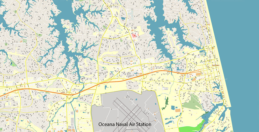 East part of Virginia State USA Vector Map Exact High Detailed Street Map editable Adobe Illustrator in layers