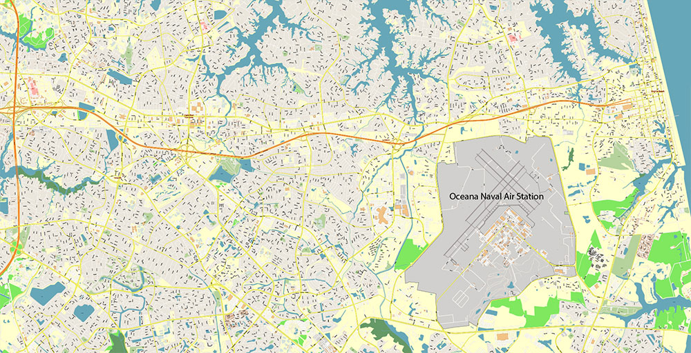 East part of Virginia State USA Vector Map Exact High Detailed Street Map editable Adobe Illustrator in layers
