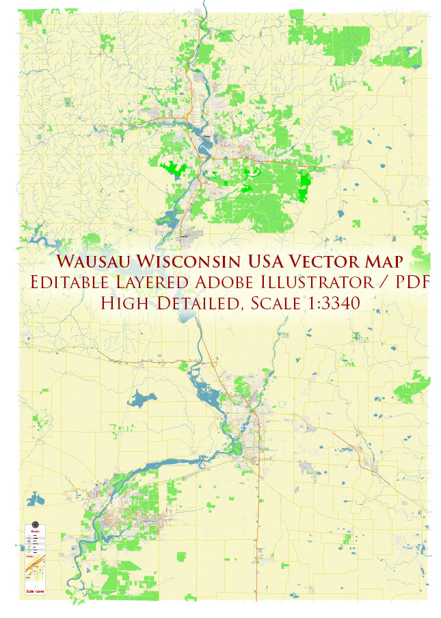 Wausau Wisconsin USA Vector Map: Exact High Detailed Street Map editable Adobe Illustrator in layers
