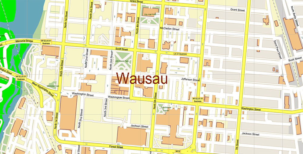 Wausau Wisconsin USA Vector Map: Exact High Detailed Street Map editable Adobe Illustrator in layers