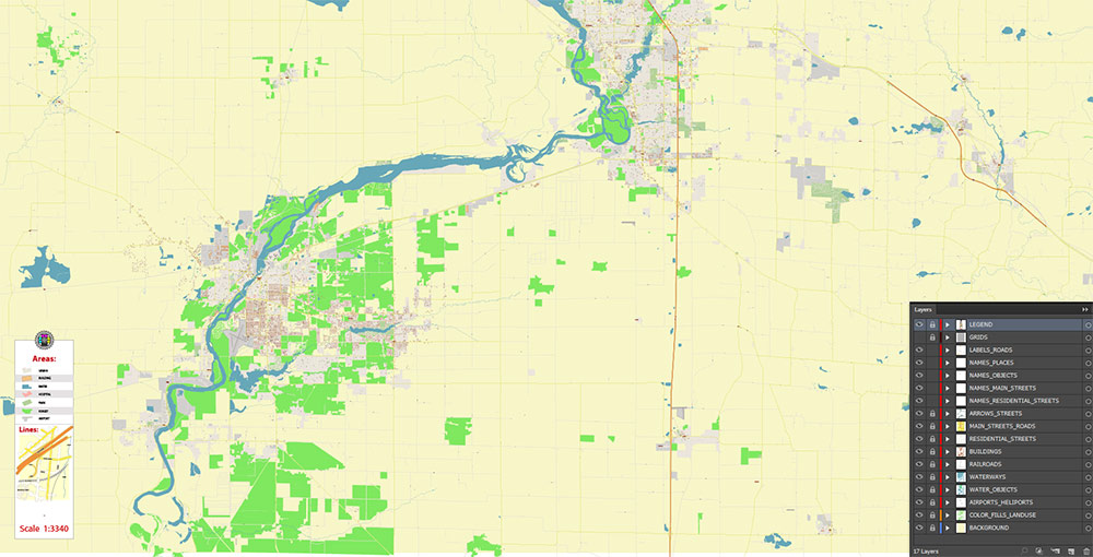 Wausau Wisconsin USA Vector Map: Exact High Detailed Street Map editable Adobe Illustrator in layers