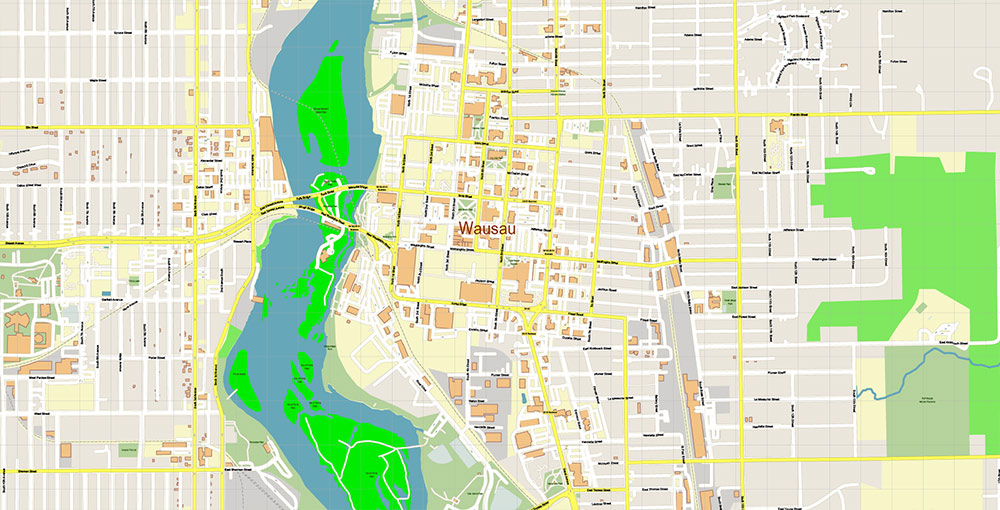 Wausau Wisconsin USA Vector Map: Exact High Detailed Street Map editable Adobe Illustrator in layers