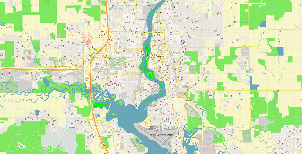 Wausau Wisconsin USA Vector Map: Exact High Detailed Street Map editable Adobe Illustrator in layers