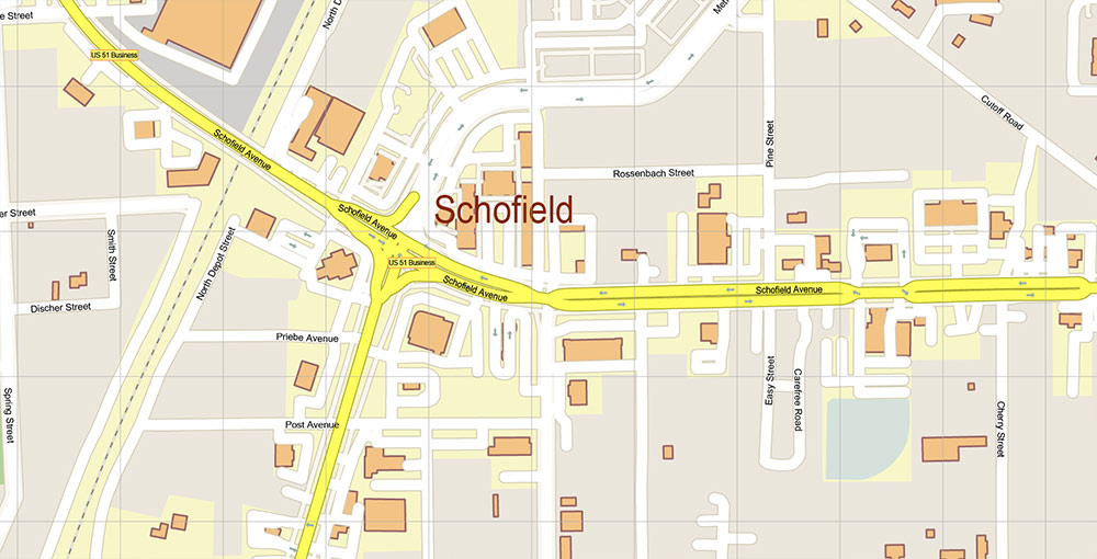 Wausau Wisconsin USA Vector Map: Exact High Detailed Street Map editable Adobe Illustrator in layers
