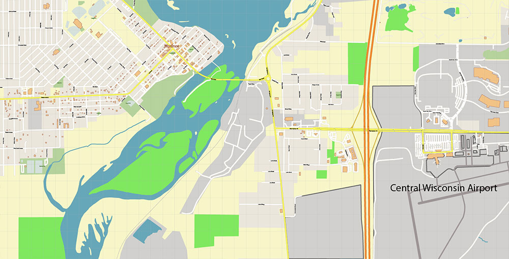 Wausau Wisconsin USA Vector Map: Exact High Detailed Street Map editable Adobe Illustrator in layers