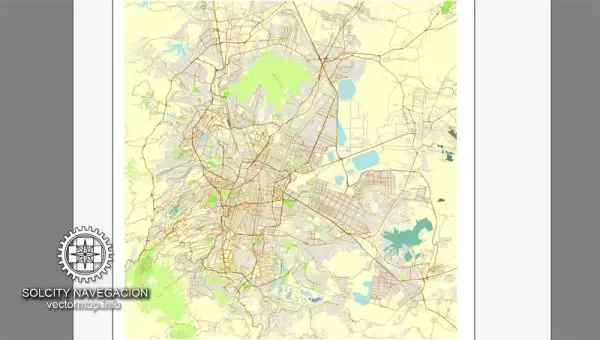 Mexico City mono vector map (City Plan) with streets, full named, Mexico, Adobe Illustrator
