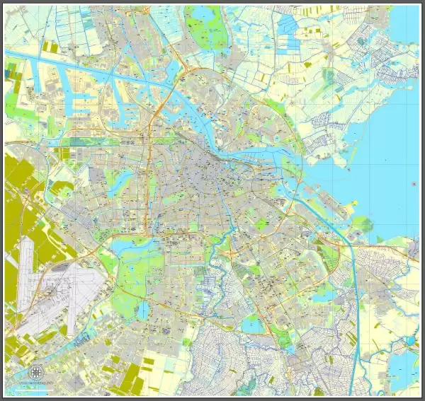 Printable Map Amsterdam, Netherlands, printable vector street City Plan map, full editable, Adobe Illustrator