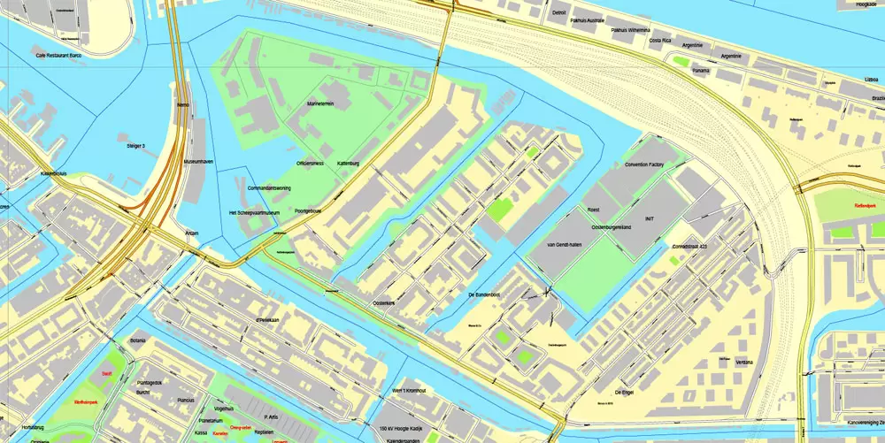 Printable Map Amsterdam, Netherlands, printable vector street City Plan map, full editable, Adobe Illustrator