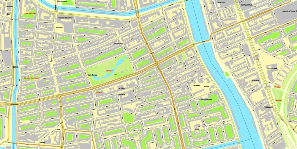Printable Map Amsterdam, Netherlands, printable vector street City Plan map, full editable, Adobe Illustrator