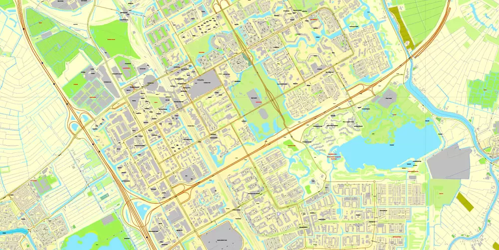 Printable Map Amsterdam, Netherlands, printable vector street City Plan map, full editable, Adobe Illustrator