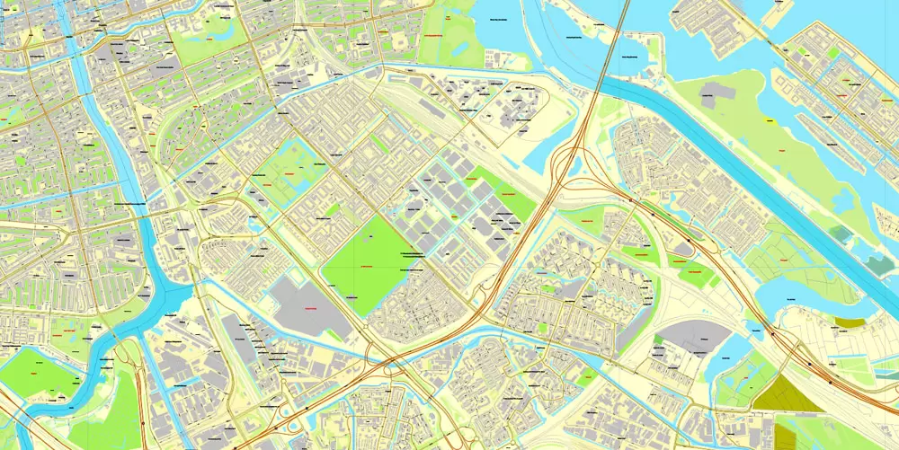 Printable Map Amsterdam, Netherlands, printable vector street City Plan map, full editable, Adobe Illustrator