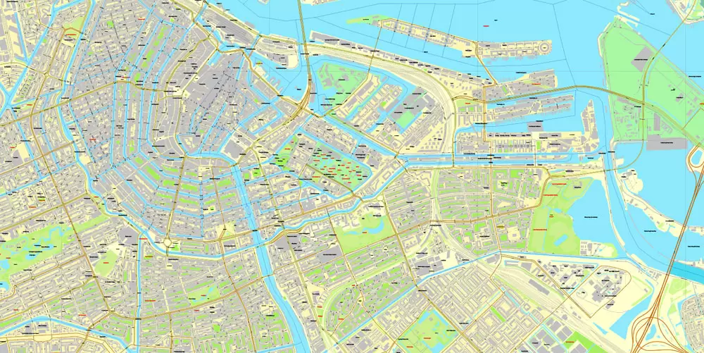 Printable Map Amsterdam, Netherlands, printable vector street City Plan map, full editable, Adobe Illustrator