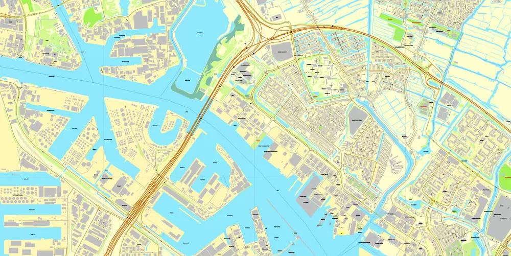 Printable Map Amsterdam, Netherlands, printable vector street City Plan map, full editable, Adobe Illustrator