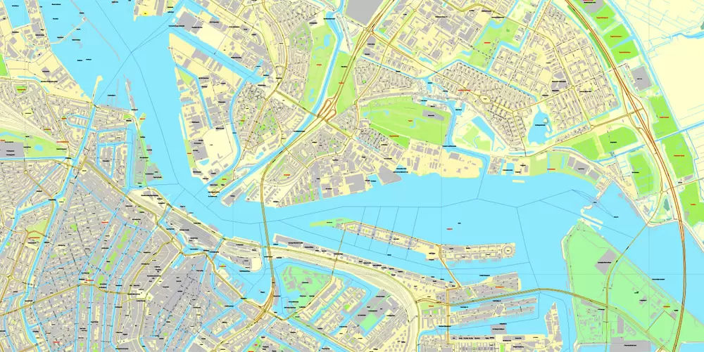 Printable Map Amsterdam, Netherlands, printable vector street City Plan map, full editable, Adobe Illustrator