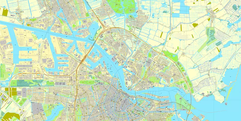 Printable Map Amsterdam, Netherlands, printable vector street City Plan map, full editable, Adobe Illustrator