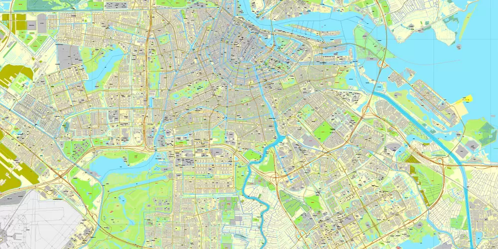 Printable Map Amsterdam, Netherlands, printable vector street City Plan map, full editable, Adobe Illustrator