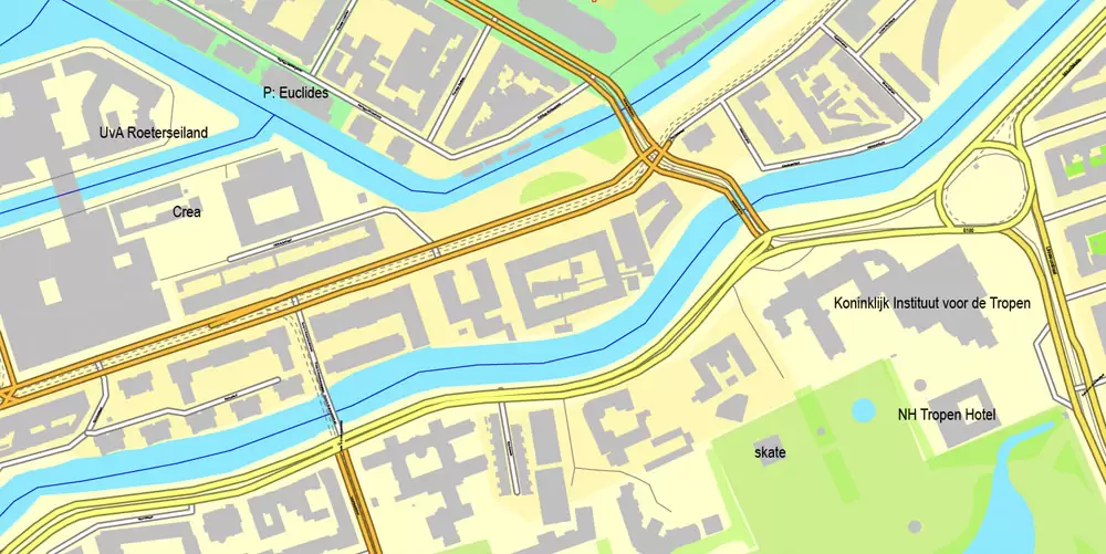 Printable Map Amsterdam, Netherlands, printable vector street City Plan map, full editable, Adobe Illustrator