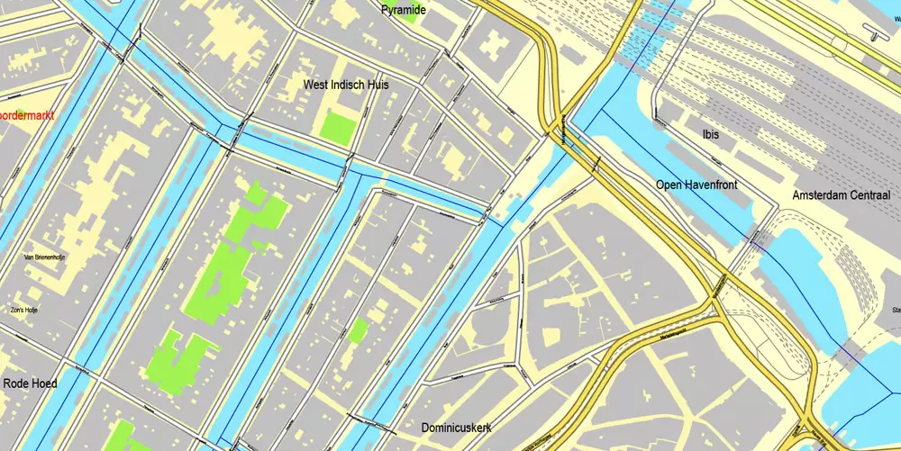 Printable Map Amsterdam, Netherlands, printable vector street City Plan map, full editable, Adobe Illustrator