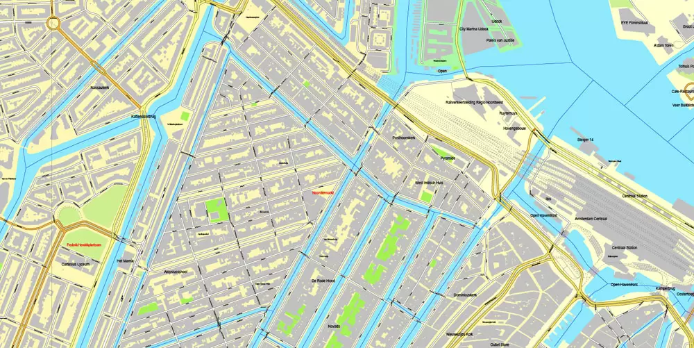 Printable Map Amsterdam, Netherlands, printable vector street City Plan map, full editable, Adobe Illustrator