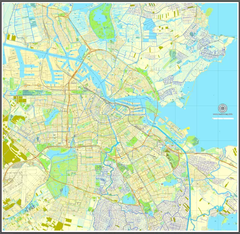 Amsterdam, Netherlands, printable vector street Simple City Plan map, full editable, Adobe Illustrator, full vector, scalable, editable, text format street names, 8 mb ZIP
