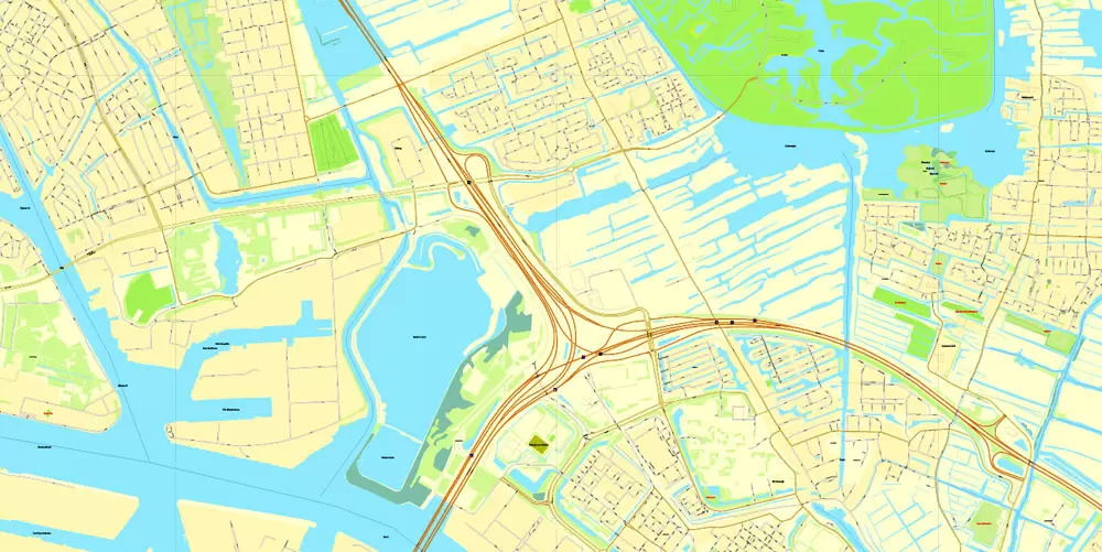 Amsterdam, Netherlands, printable vector street Simple City Plan map, full editable, Adobe Illustrator, full vector, scalable, editable, text format street names, 8 mb ZIP
