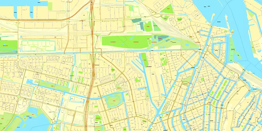 Amsterdam, Netherlands, printable vector street Simple City Plan map, full editable, Adobe Illustrator, full vector, scalable, editable, text format street names, 8 mb ZIP