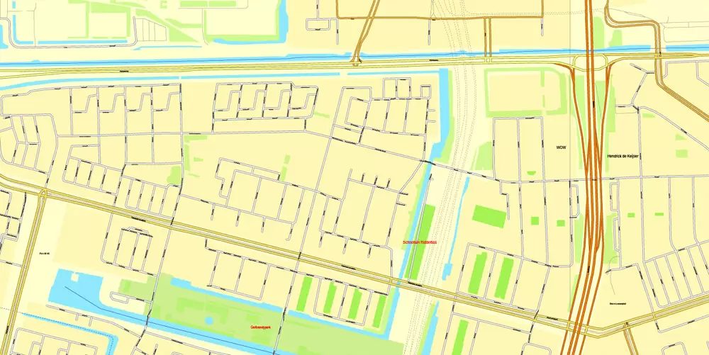 Amsterdam, Netherlands, printable vector street Simple City Plan map, full editable, Adobe Illustrator, full vector, scalable, editable, text format street names, 8 mb ZIP