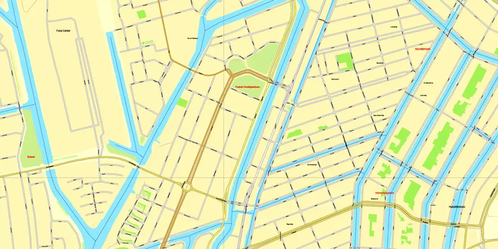 Amsterdam, Netherlands, printable vector street Simple City Plan map, full editable, Adobe Illustrator, full vector, scalable, editable, text format street names, 8 mb ZIP