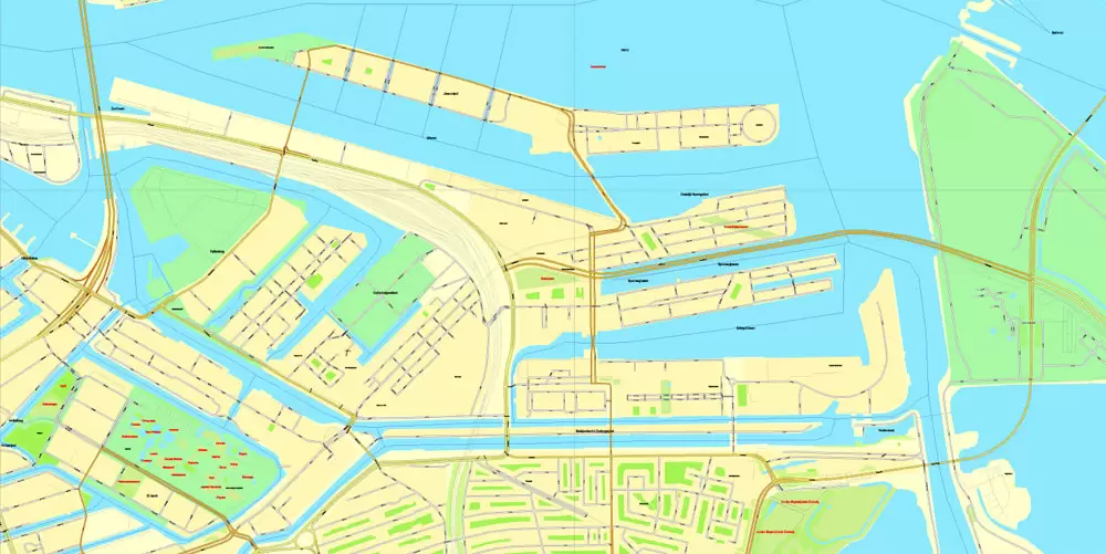 Amsterdam, Netherlands, printable vector street Simple City Plan map, full editable, Adobe Illustrator, full vector, scalable, editable, text format street names, 8 mb ZIP