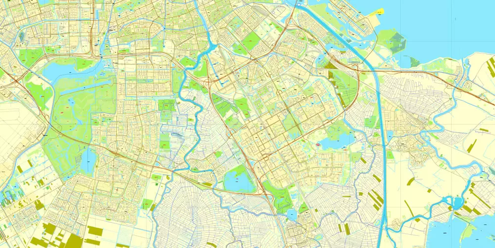 Amsterdam, Netherlands, printable vector street Simple City Plan map, full editable, Adobe Illustrator, full vector, scalable, editable, text format street names, 8 mb ZIP