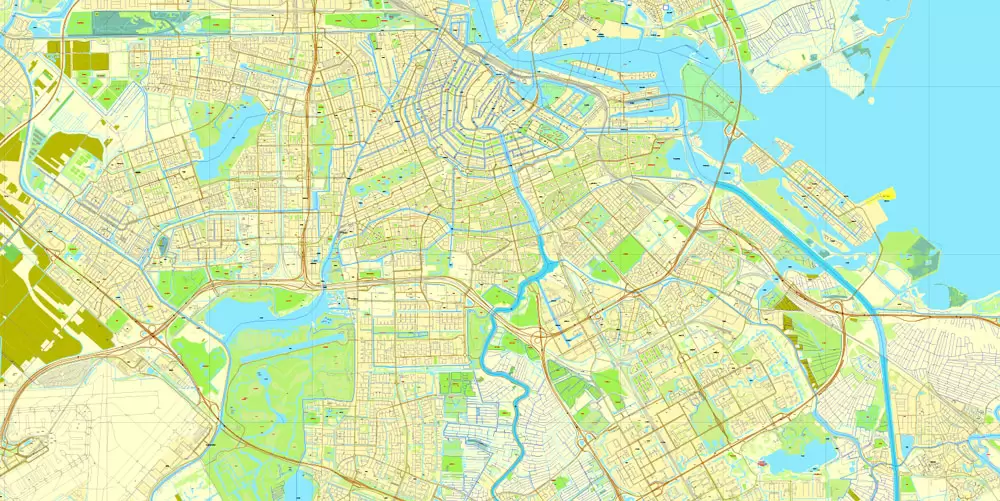 Amsterdam, Netherlands, printable vector street Simple City Plan map, full editable, Adobe Illustrator, full vector, scalable, editable, text format street names, 8 mb ZIP