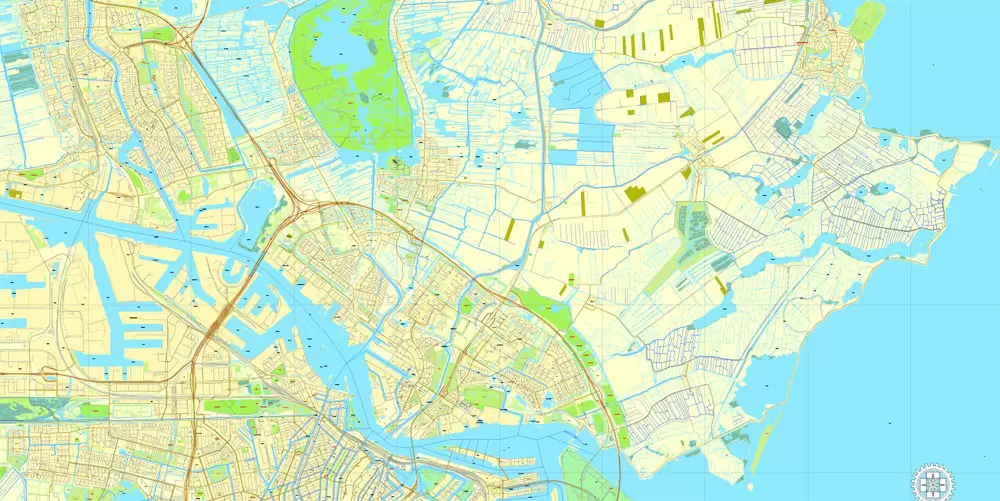 Amsterdam, Netherlands, printable vector street Simple City Plan map, full editable, Adobe PDF