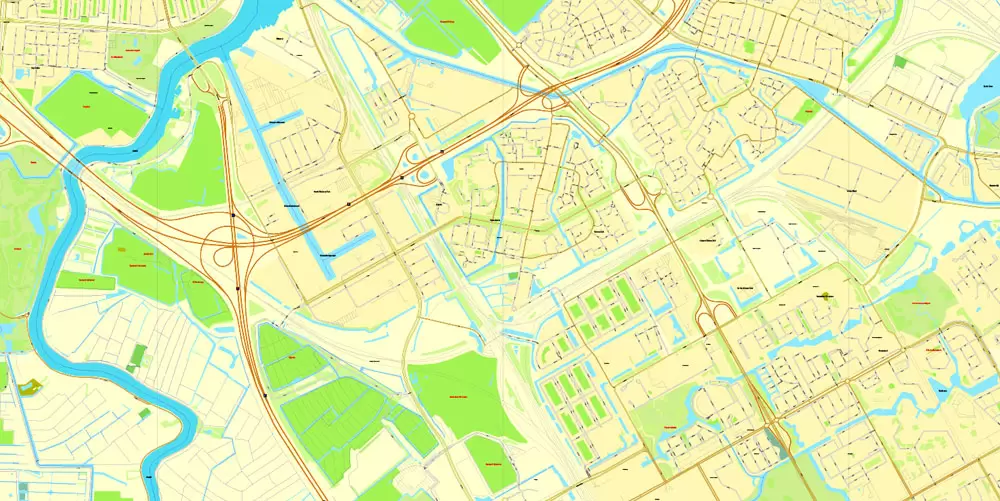 Amsterdam, Netherlands, printable vector street Simple City Plan map, full editable, Adobe Illustrator, full vector, scalable, editable, text format street names, 8 mb ZIP