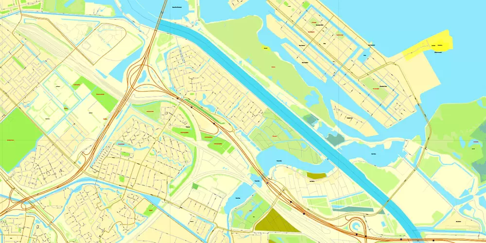 Amsterdam, Netherlands, printable vector street Simple City Plan map, full editable, Adobe Illustrator, full vector, scalable, editable, text format street names, 8 mb ZIP