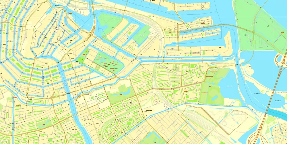 Amsterdam, Netherlands, printable vector street Simple City Plan map, full editable, Adobe Illustrator, full vector, scalable, editable, text format street names, 8 mb ZIP
