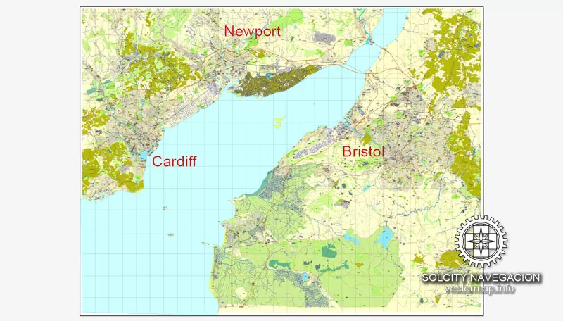 Bristol, Cardiff, Newport UK printable vector street full City Plan map, full editable, Adobe Illustrator, full vector 3 x 3 m, scalable, editable, text format street names, 19,3 mb ZIP All streets, all buildings.