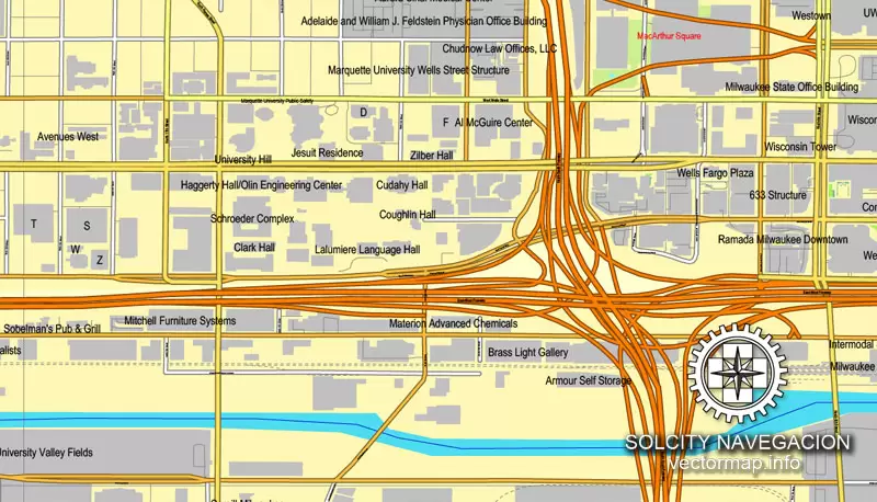 Map vector Milwaukee, Wisconsin, US printable vector street City Plan map, full editable, Adobe Illustrator