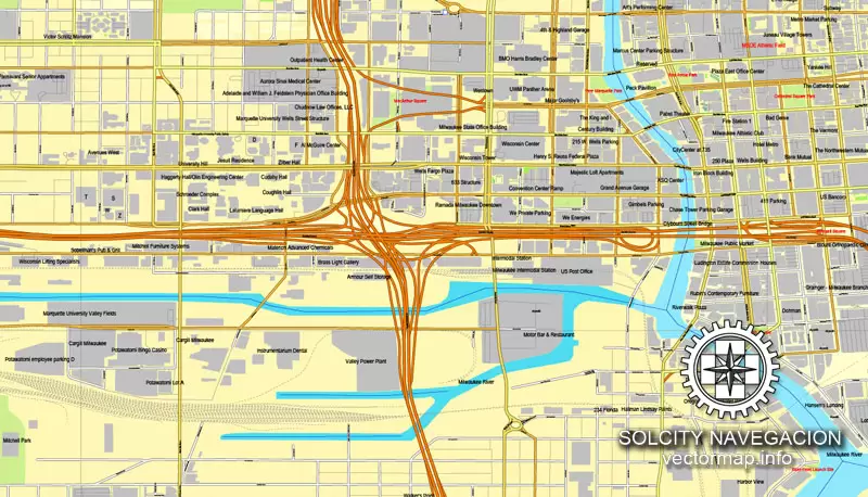 Map vector Milwaukee, Wisconsin, US printable vector street City Plan map, full editable, Adobe Illustrator