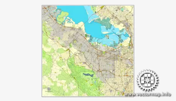 Palo Alto + Mountain View, California, US printable vector street City Plan map, full editable, Adobe Illustrator, full vector