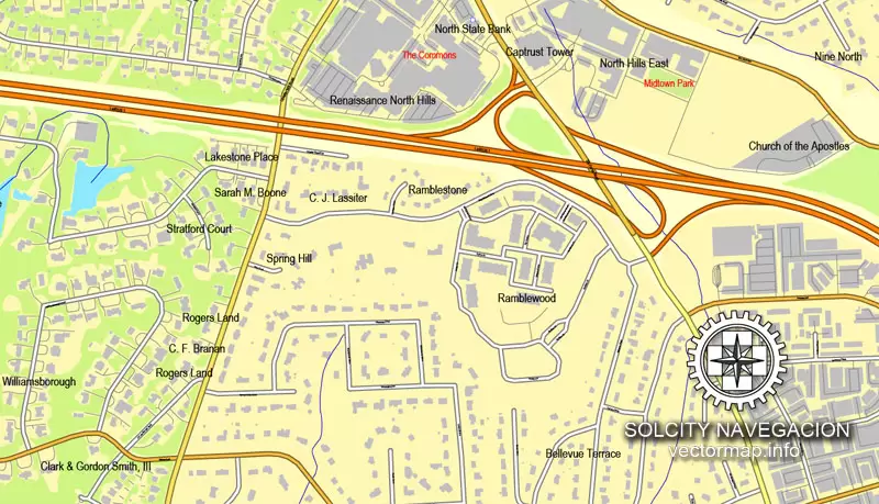 Vector map Raleigh, Chapel Hill, Durham, North Carolina, US printable vector street City Plan map, full editable, Adobe Illustrator